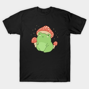 Cute Green Frog in Toadstool Hat, Chubby Cottagecore Aesthetic Frogge T-Shirt